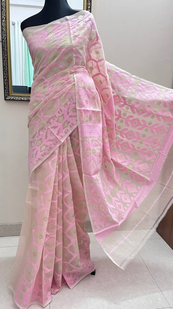 Half Silk Jamdani Pink & Offwhite TJ-46