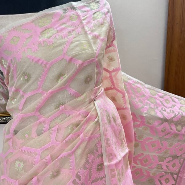 Half Silk Jamdani Pink & Offwhite TJ-46